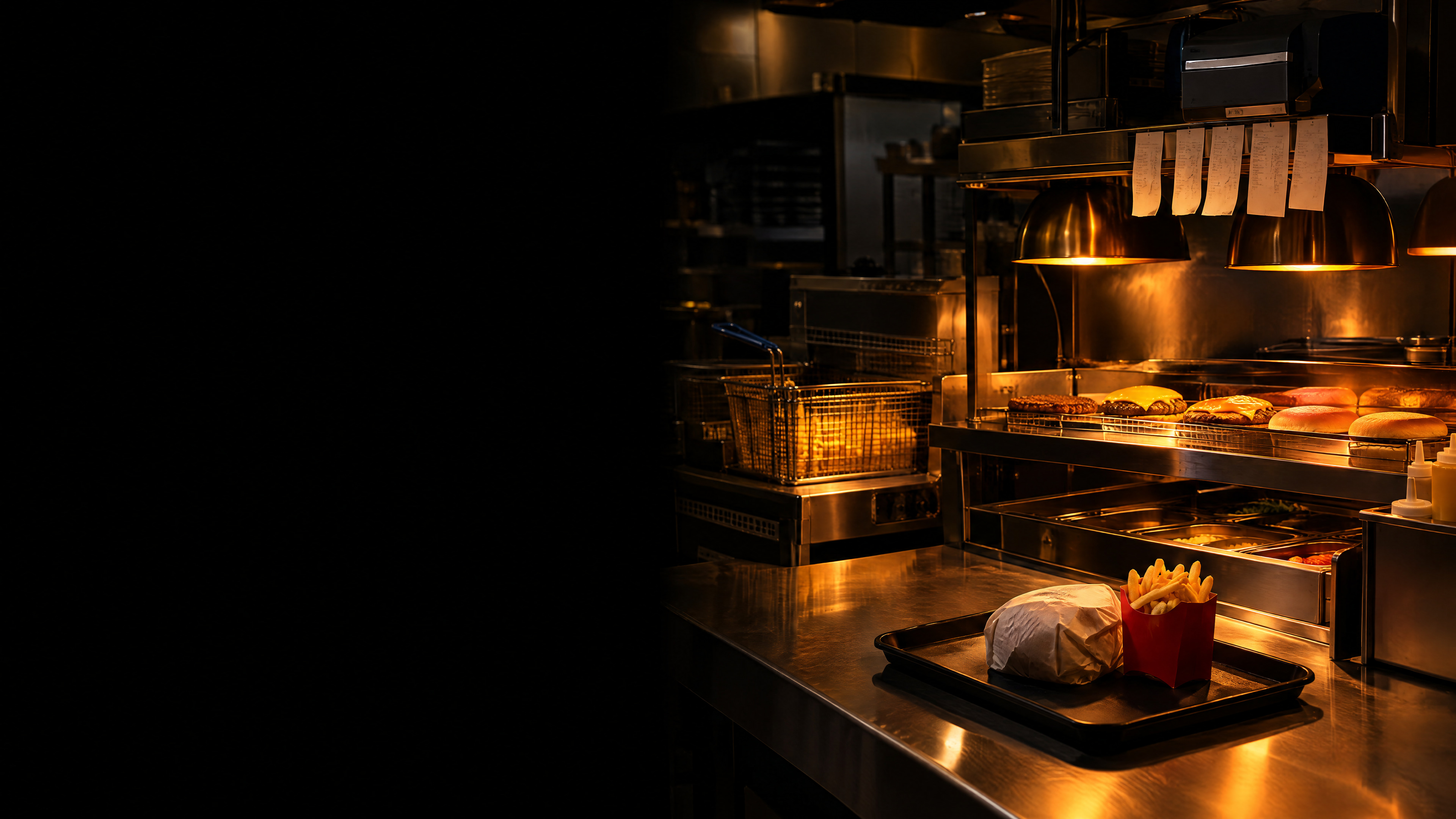 Küche eines Fast-Food-Restaurants hinter der Theke, vorn ein Tablett mit Burger und Pommes