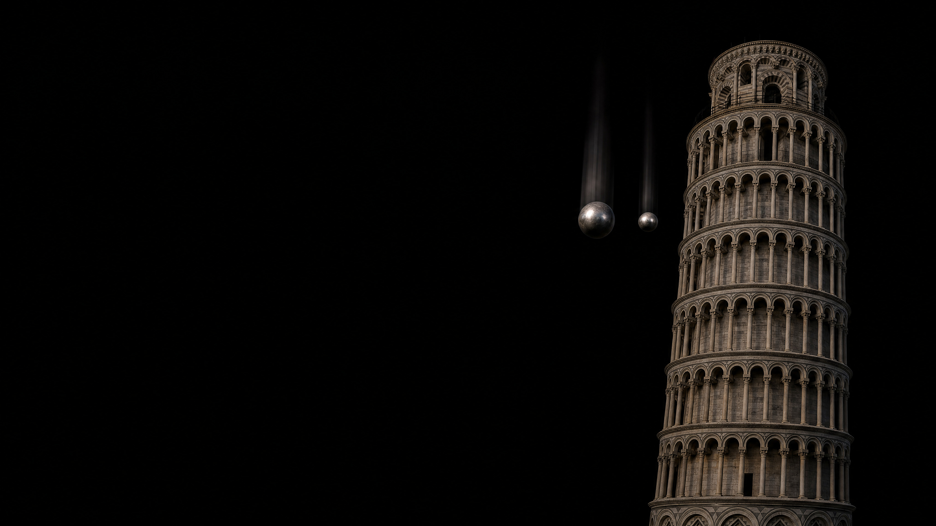 Zwei fallende Kugeln neben dem Schiefen Turm von Pisa