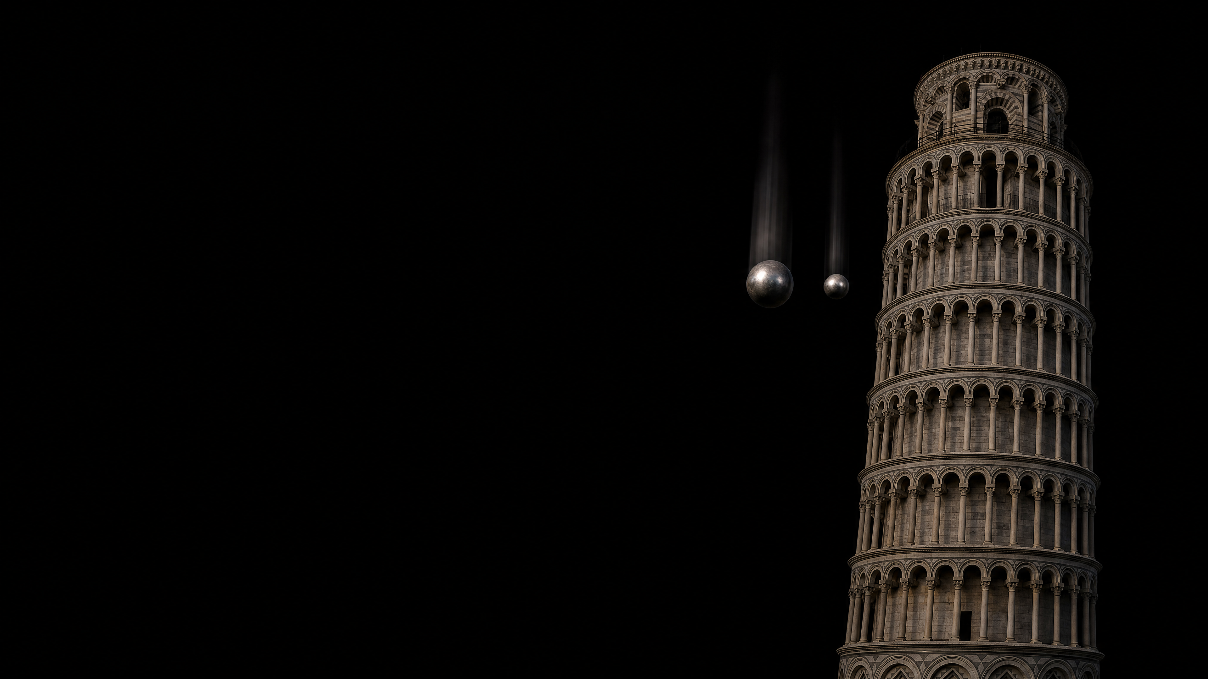 Zwei fallende Kugeln neben dem Schiefen Turm von Pisa